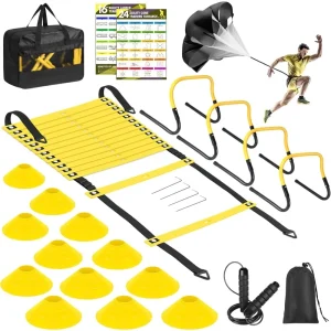 Agility speed training equipment set - 20ft speed ladder, 12 cones, 4 adjustable hurdles, jump rope, parachute